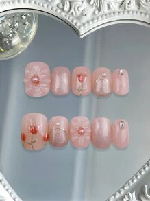10 pièces Ensemble d'autocollants d'art d'ongle de fleurs de tulipe courtes carrées peintes à la main en rose