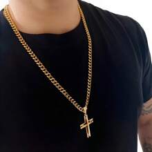 Thick Men's Necklace Chain + 18k Gold Plated Cross - 金色 - 查看 5