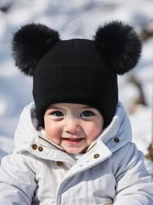 1 pieza Gorro de punto con doble bola para recién nacidos, gorros de niños, gorro de punto de invierno cálido para bebés - 1PC - Ver 4