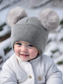 1 pieza Gorro de punto con doble bola para recién nacidos, gorros de niños, gorro de punto de invierno cálido para bebés - 1PC - Ver 7