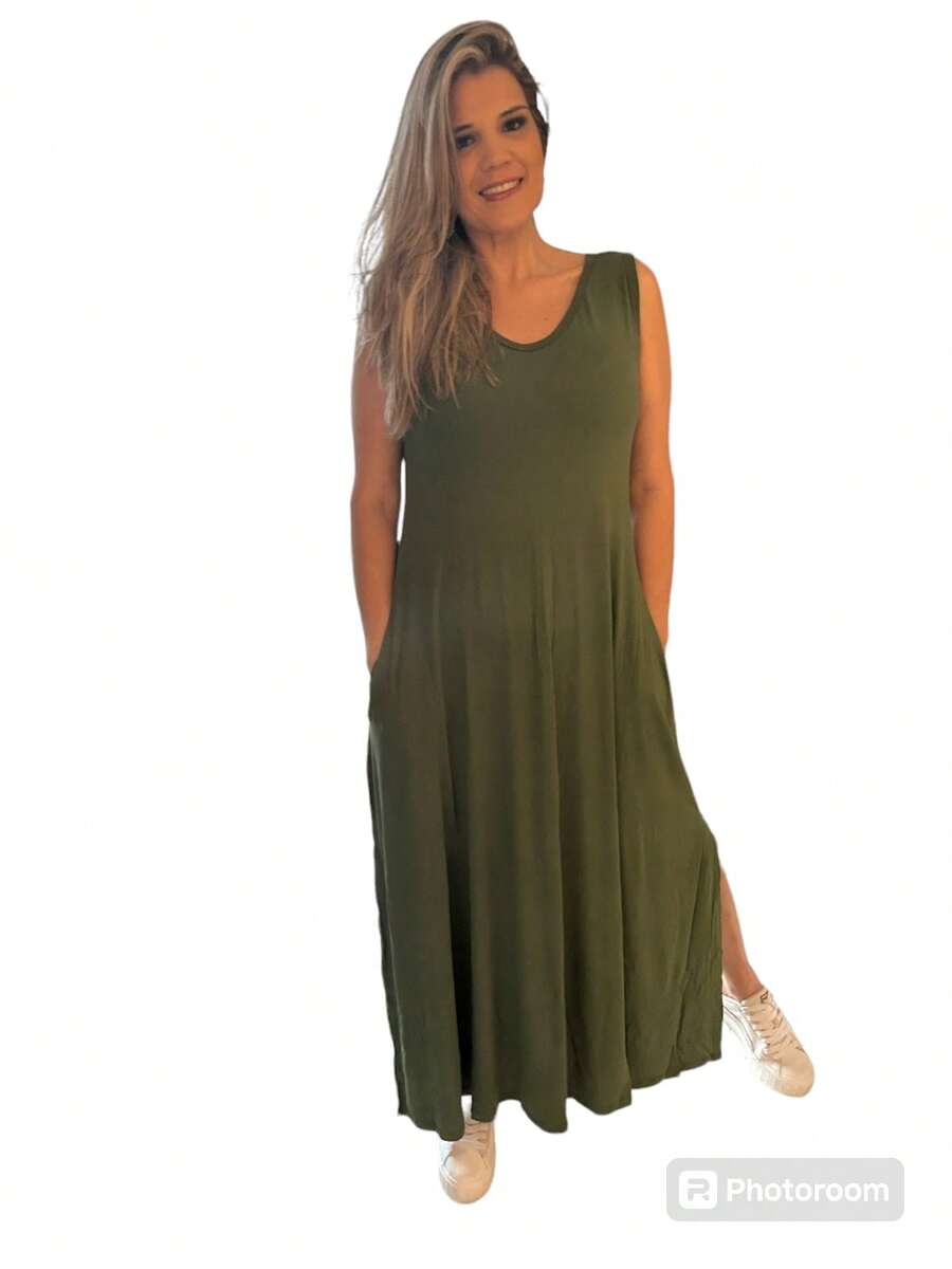 Regatão Dress With Pocket And Side Slit - Army Green - View 1