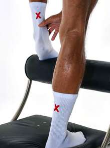 2 pares de calcetines deportivos de corte alto, de diseño unisex, con letras XX cosidas a mano y de tela premium, color negro y blanco, para todo el año - Blanco y Negro - Ver 1