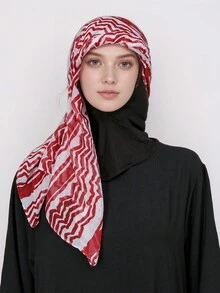 1 件时尚印花雪纺头巾迪拜头巾女士头巾伊斯兰围巾女式长头巾围巾 - 紅色 - 查看 4