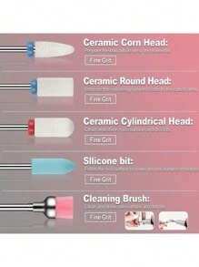 13件套美甲陶瓷钻石磨头套装，含卸甲水、角质层推和指甲锉配件 - 白色 - 查看 3