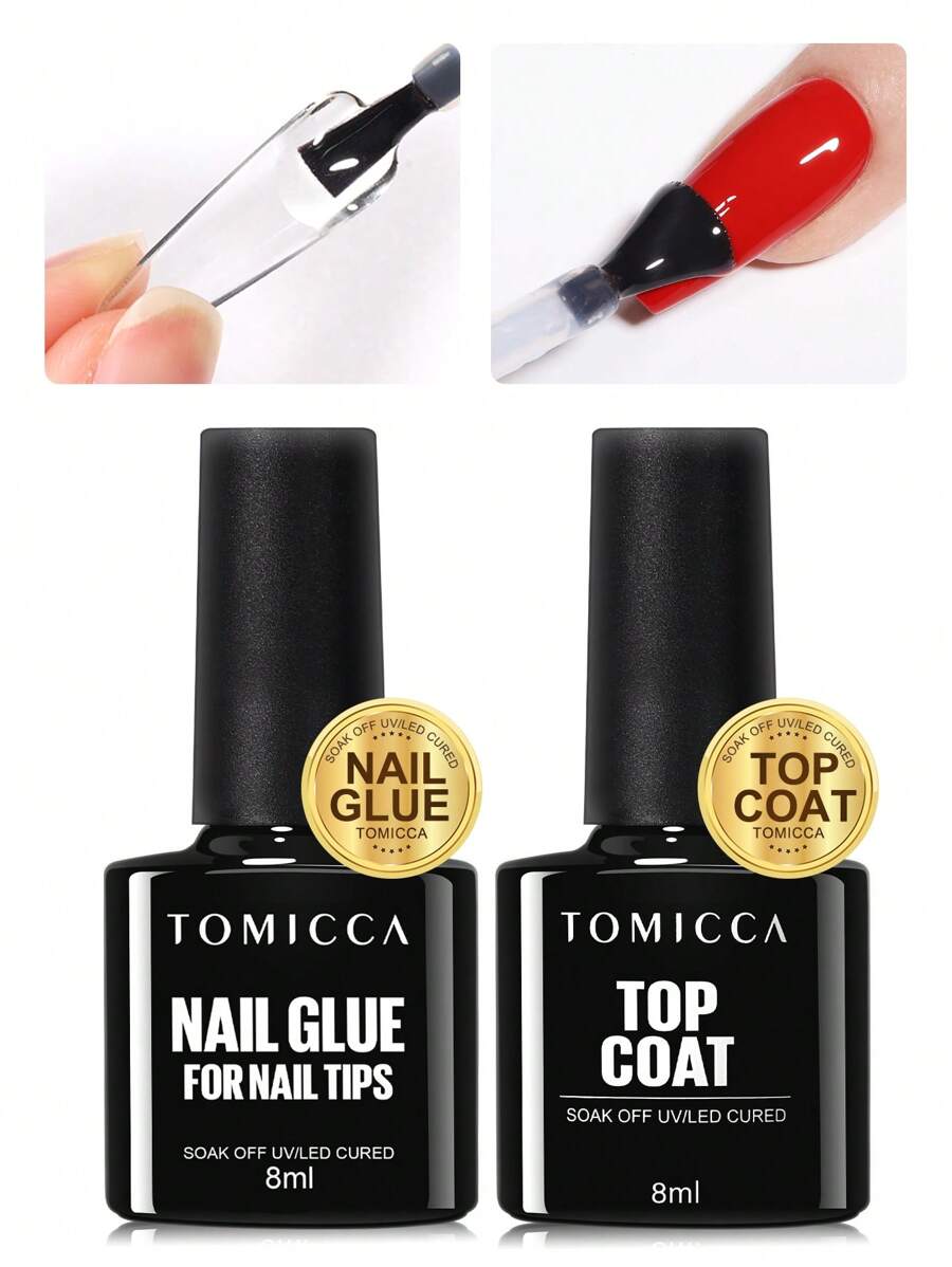 TOMICCA 2pcs 8ml Clear Nail Glue&Top Coat Set,UV Light Curing Is Required, And The Long-Lasting Gel Nail Set , Used For DIY Home Salon Manicure Or Gifts For Women . - Clear - View 1