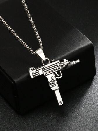 1 件欧美流行嘻哈军迷突击枪钛钢项链，不锈钢百搭独特机枪吊坠，复古风格钛钢防褪色长款运动衫链，工厂批发家庭生日礼物，适合男士，日常佩戴
