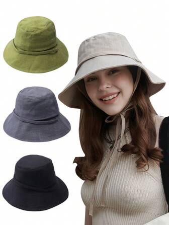 LEAJOURNO. 1頂女式日式漁夫帽，春夏季，提臉適合圓臉，時尚大頭遮陽帽，配有繫帶