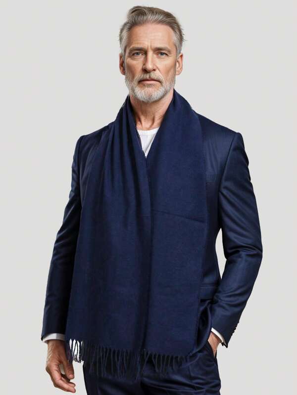 Lenço de inverno de cor lisa masculina com borla, xale longo versátil para terno, presente de feriado, quente e à prova de vento, 1 peça
