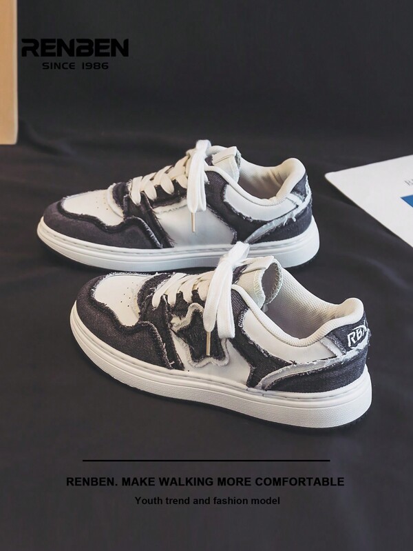 RENBEN 1 par Zapatos de patinaje y mezclilla con parches para mujer, con patrón de estrella vintage desgastado, casuales y cómodos