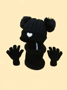 3pcs/Set Girls' Cute Heart Decor Fluffy Earmuffs With Dual Pompoms, Autumn/Winter - Love - View 8