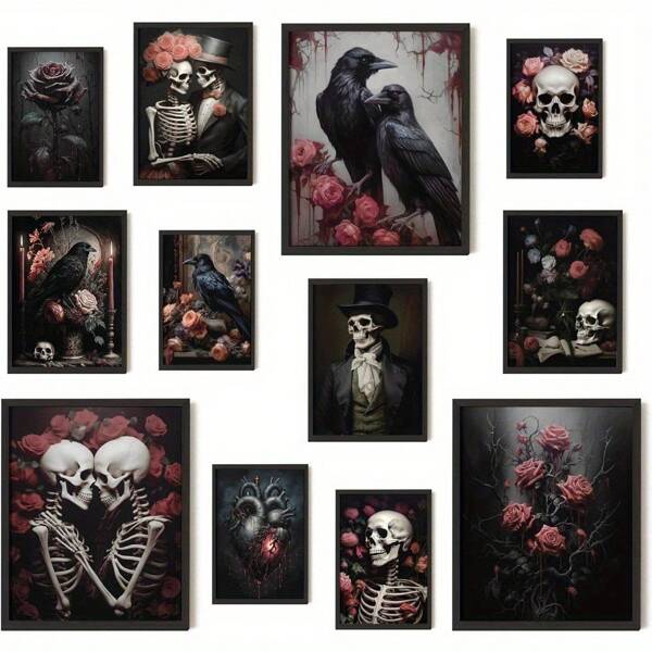 12pcs Romantic Gothic Wall Art Goth Wall Decor, Floral Gothic Decor For Bedroom, Goth Wall Art Prints, Dark Raven Skull Poster, Moody Halloween Decor Aesthetic Picture For Home,Canvas Gifts Birthday Graduation Home Decor Fall Decor Room Decor