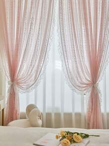 NewWPKIRA 2 Panels Princess Style Pink Embroidery Sheer Curtains With Beaded Lace Rod Pocket Top - 粉色 - 查看 9
