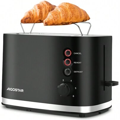 Aigostar Toaster 2 Slice 1.5" Wide Slot, 800W Low Wattage Black Toaster With Warming Rack, Small Toaster Electric For Home Travel Camping