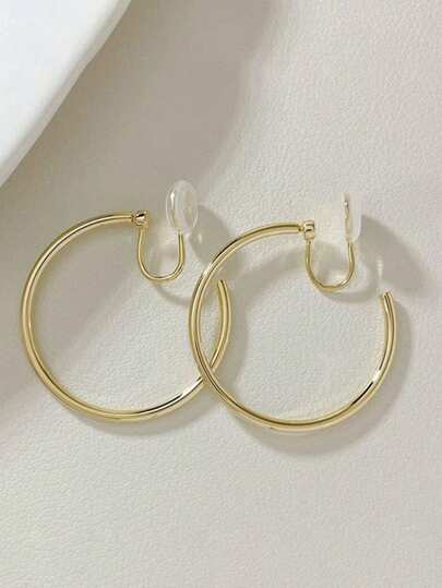 2pcs Unique Design Rotatable Minimal Golden Hoop Clip-On Earrings For Women Without Pierced Ears