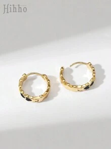 Hihho 1pair Fashionable Simple Black Oil-Drop Heart Design Hoop Earrings, Personalized Jewelry Gift For Girls Party