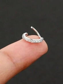 1 Pc Women's Cubic Zirconia False Nose Ring, Stainless Steel Circular Cartilage Ear Screen, Ear Nose Perforation, Body Jewelry - Silver - View 2