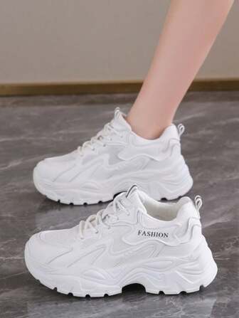 1 双女士户外运动休闲鞋，字母装饰防滑透气厚底厚底运动鞋，圆头系带登山鞋，2024 年新款时尚简约潮流学生休闲跑鞋，室内瑜伽训练运动鞋