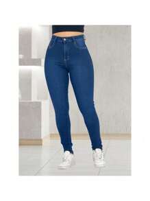 Women's Dark Wash Plain Basic Premium Butt Lift Jeans - 深色水洗藍 - 查看 3