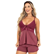 Baby Doll Pajamas Sexy Short Doll Women's Luxury Lace Detail - 酒紅色 - 查看 1