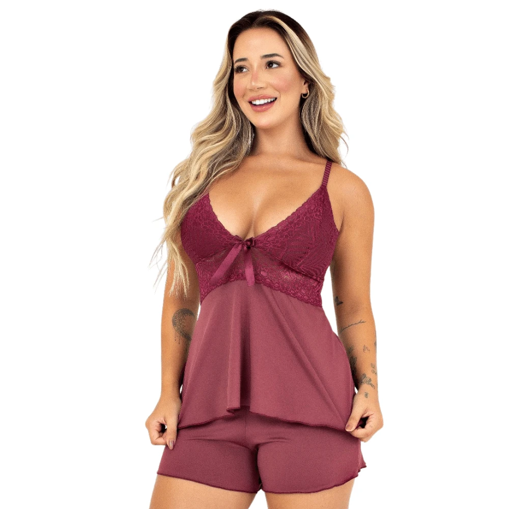 Baby Doll Pajamas Sexy Short Doll Women's Luxury Lace Detail - 酒紅色 - 查看 1