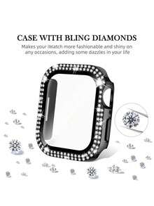 Compatible With Apple Watch Case Series 10/9/8/7/6/5/4/3/2/1/SE 38 40 41 42 44 45 46 MM With Tempered Glass Screen Protector, Double Bling Case Crystal Rhinestones Rhinestone Bumper Overall Hard PC Ultra-Thin Protective Cover - Black - View 2