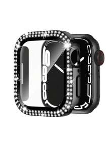 Compatible With Apple Watch Case Series 10/9/8/7/6/5/4/3/2/1/SE 38 40 41 42 44 45 46 MM With Tempered Glass Screen Protector, Double Bling Case Crystal Rhinestones Rhinestone Bumper Overall Hard PC Ultra-Thin Protective Cover - Black - View 1