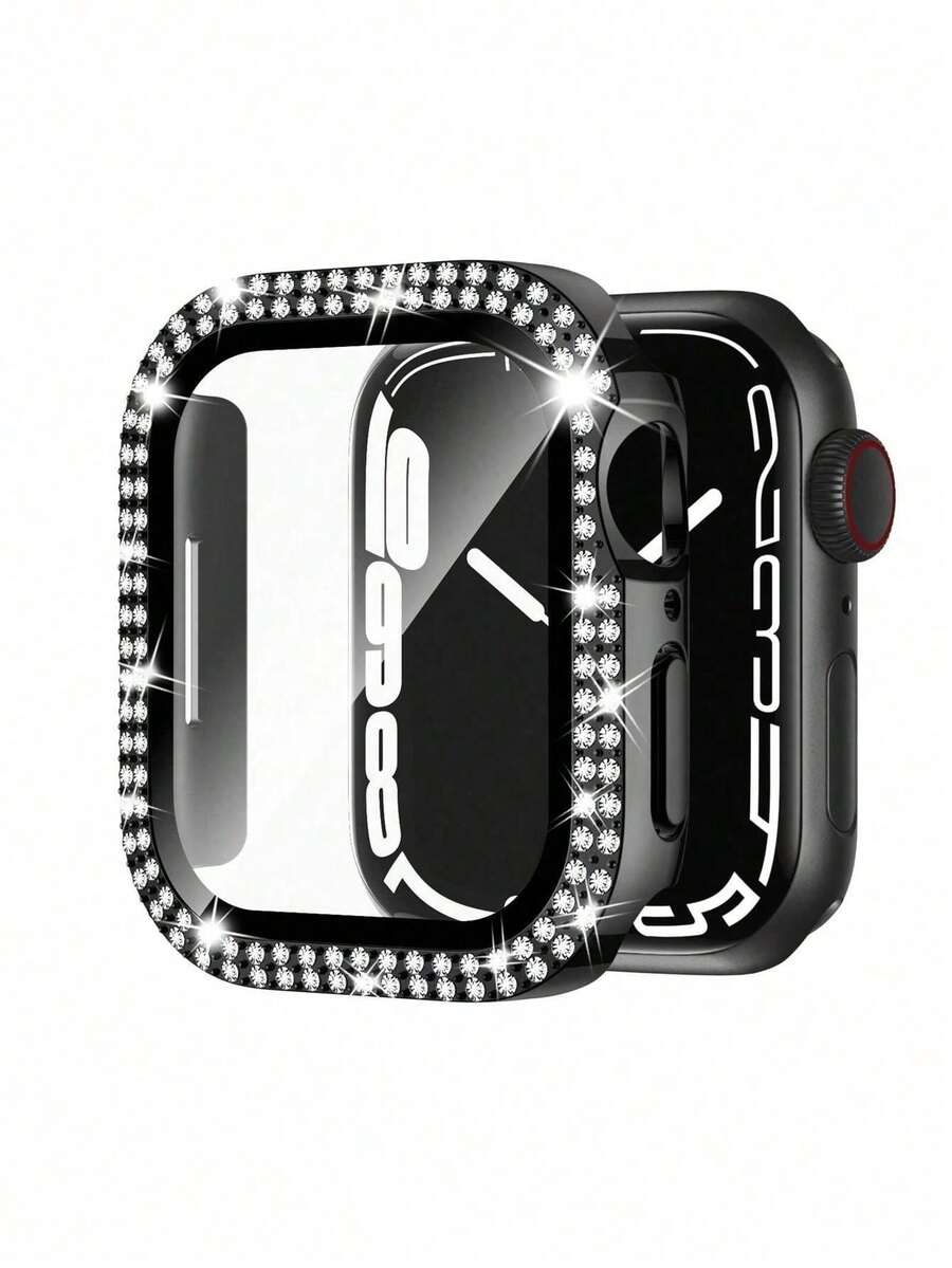 Compatible With Apple Watch Case Series 10/9/8/7/6/5/4/3/2/1/SE 38 40 41 42 44 45 46 MM With Tempered Glass Screen Protector, Double Bling Case Crystal Rhinestones Rhinestone Bumper Overall Hard PC Ultra-Thin Protective Cover - Black - View 1