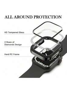 Compatible With Apple Watch Case Series 10/9/8/7/6/5/4/3/2/1/SE 38 40 41 42 44 45 46 MM With Tempered Glass Screen Protector, Double Bling Case Crystal Rhinestones Rhinestone Bumper Overall Hard PC Ultra-Thin Protective Cover - Black - View 3