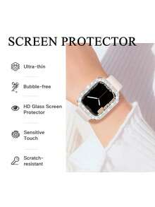 Compatible With Apple Watch Case Series 10/9/8/7/6/5/4/3/2/1/SE 38 40 41 42 44 45 46 MM With Tempered Glass Screen Protector, Double Bling Case Crystal Rhinestones Rhinestone Bumper Overall Hard PC Ultra-Thin Protective Cover - Black - View 5