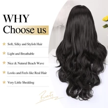 28英寸中分长款波浪黑色假发，耐热合成纤维，外观自然，适合日常佩戴和派对场合