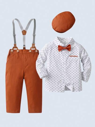 BOARNSEORL 2 件套年轻男孩绅士服装 - 长袖衬衫配领结，工装裤配帽子，时尚别致，适合生日派对、婚礼、节日、1 岁生日