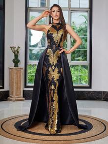 Vestido formal negro y dorado con cola de lentejuelas - Negro - Ver 3