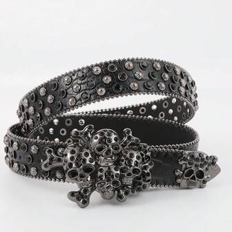 1 st midjebälte med strass och dödskalledekor för kvinnor, läderbälte i punk- och hiphop-stil för män, dekoration för jeans