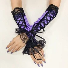 1 对时尚性感系带袖套，闪光蕾丝拼接露指手套，优雅缎面袖口，适合女士日常穿着、活动、派对、角色扮演 - 彩色 - 查看 11