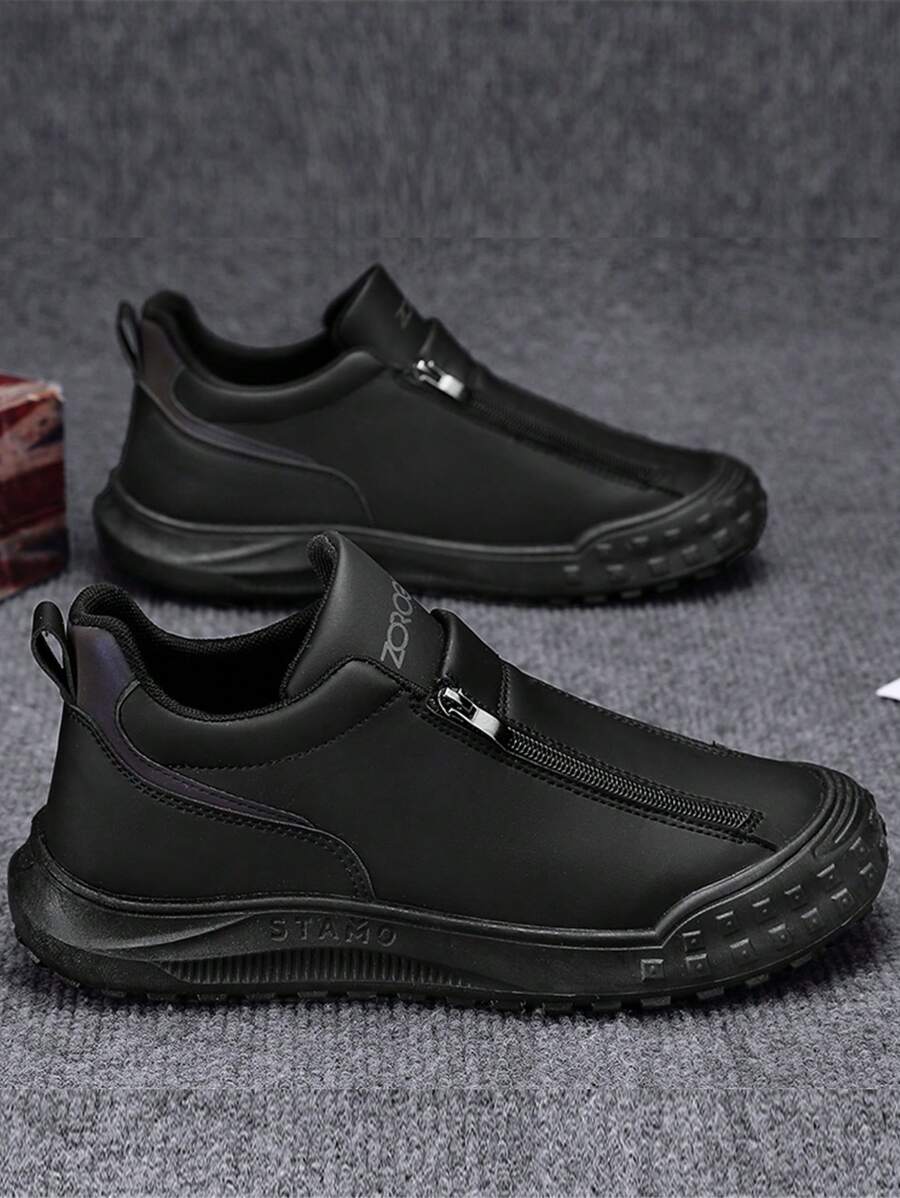 Men's Casual Sports Shoes, Thick Sole Anti-Slip Durable Zipper Casual Running Shoes, Outdoor Tire Bottom Anti-Slip Anti-Odor Zipper Retro Leather High-Top Men's Chunky Sneakers, Sports Anti-Slip Leather Chef Shoes Waterproof Oil-Proof, Men's Hiking Shoes With Zipper On The Side Low-Top Round Toe Stitching, Men's Fashion Leather Shoes Versatile Casual Men's Sneakers - Black - View 1