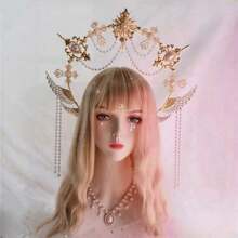 1pc Women's Golden Faux Pearl Chain Metal Lolita Angel Halo Sun Crown Headband, Suitable For Daily Wear, Cosplay, Photography Props Halloween