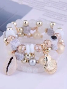 4 Vòng tay mặt dây chuyền vỏ kim loại ngắn gọn phong cách Boho sang trọng, nhiều lớp với hạt kẹo - vòng tay nhiều lớp - Xem 4