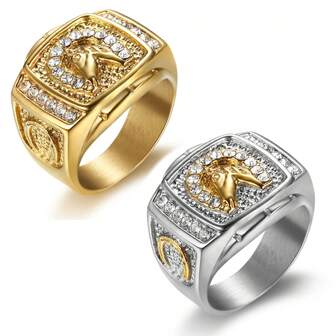 1pc Luxury Iced Out Gold-Plated Diamond Inlaid Horse Head Design Stainless Steel Ring For Men, Hip Hop Style