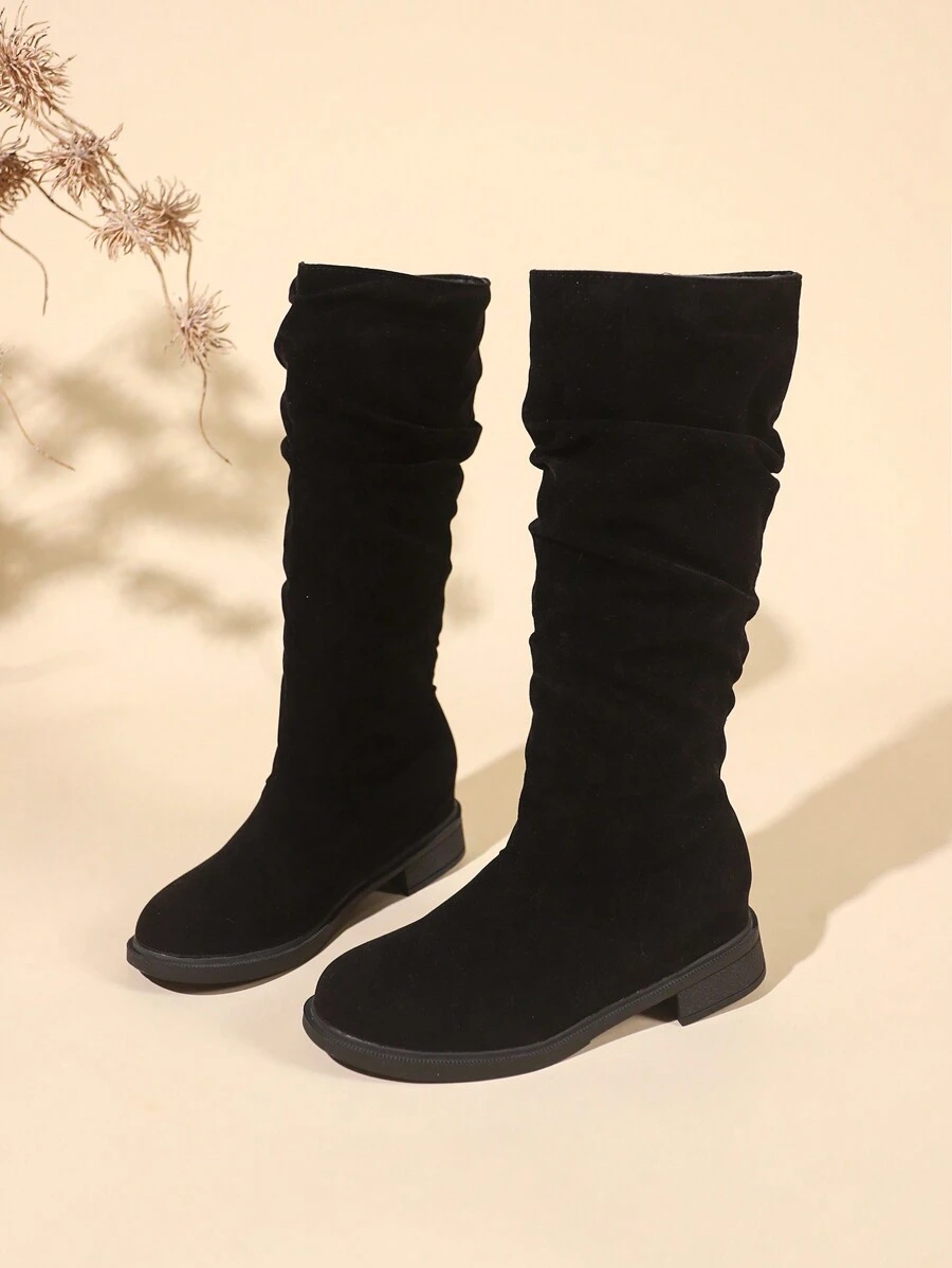 Giày cao đến giữa bắp chân của phụ nữ Giày bốt cao gót cỡ lớn đến đầu gối Giày bốt cao cổ thời trang mũi tròn Giày bốt đen có gót chân che nếp nhăn trên đầu gối - màu đen - Xem 1