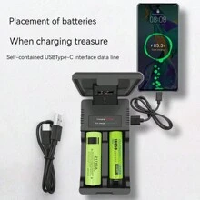 18650 Charger, Solar Lithium Battery Smart Charger 18650 18500 26650 21700 14500 16340 Type-C Dual-Slot Dual-Charge Multi-Function Charging Treasure - Black - View 4