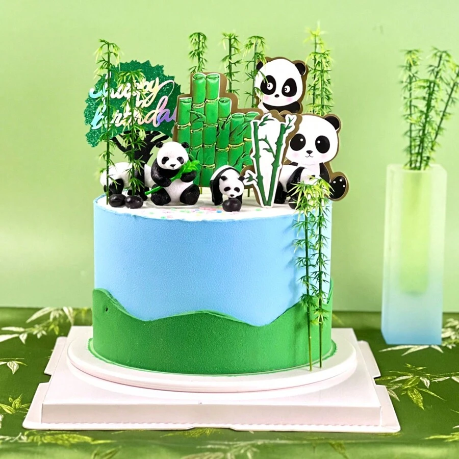 Juego de decoración de pastel con diseño de panda de dibujos animados, tapa de pastel para fiesta de cumpleaños - Multicolor - Ver 1