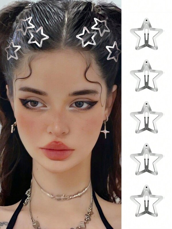 50/20/10/5 piezas Pinzas para el cabello con diseño de estrella estilo 2000s Y2K, Pasadores de metal plateado antideslizantes para el cabello, Accesorios para el cabello para niñas y mujeres (Opción de 5 piezas de un solo tamaño), Pinzas de estrella Y2k, Artículos escolares