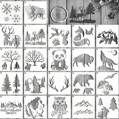 22件套森林野生动物模具，熊、狼、鹿、松树模具模板，可重复使用，山地熊猫冬季木制烧制模具，用于绘画DIY工艺品家居装饰（森林动物）