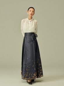 LANZEYILV Women's Chinese Style Hanfu Floral Brocade Skirt With Tasseled Waist Tie, Navy Blue Long Dress - Navy Blue - View 5