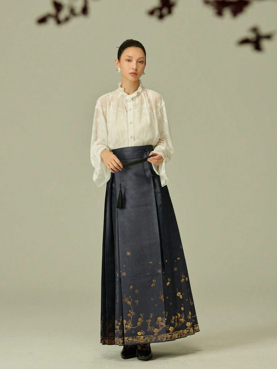 LANZEYILV Women's Chinese Style Hanfu Floral Brocade Skirt With Tasseled Waist Tie, Navy Blue Long Dress - Navy Blue - View 1