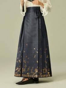 LANZEYILV Women's Chinese Style Hanfu Floral Brocade Skirt With Tasseled Waist Tie, Navy Blue Long Dress - Navy Blue - View 6