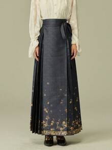 LANZEYILV Women's Chinese Style Hanfu Floral Brocade Skirt With Tasseled Waist Tie, Navy Blue Long Dress - Navy Blue - View 2