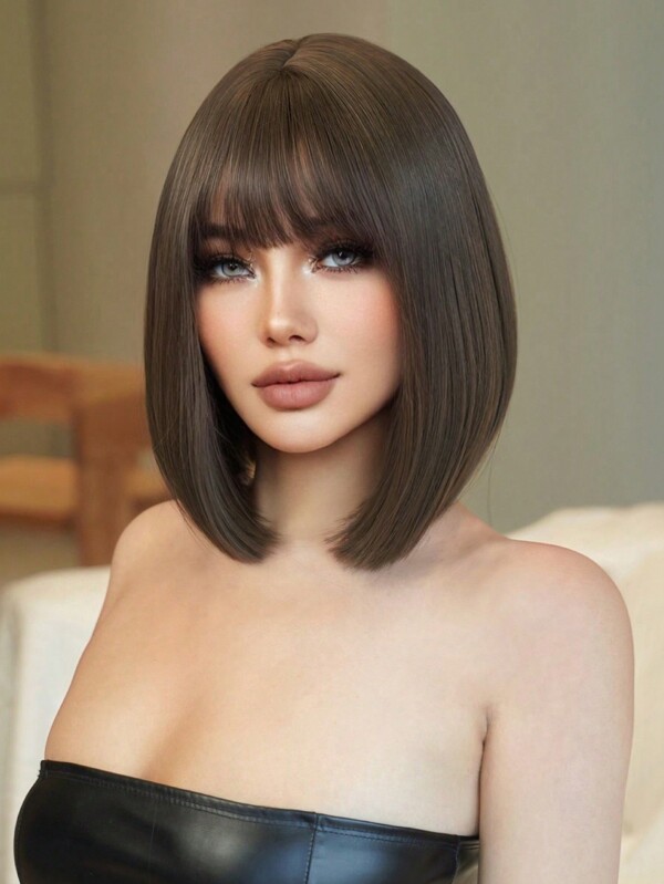 1-Piece Synthetic Heat Resistant Straight Hair With Bangs Wig Cold Brown 12 Inch Fully Machine Woven Daily Natural Realistic Wig