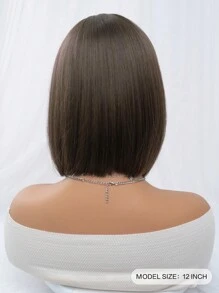 1-Piece Synthetic Heat Resistant Straight Hair With Bangs Wig Cold Brown 12 Inch Fully Machine Woven Daily Natural Realistic Wig