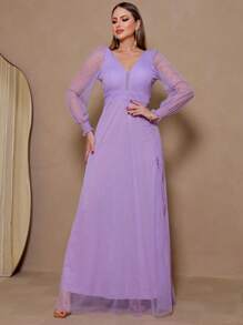 Long Party Dress With Long Sleeve Glitter For Weddings, Bridesmaids, Guests, Graduation And Events - 紫丁香色 - 查看 3